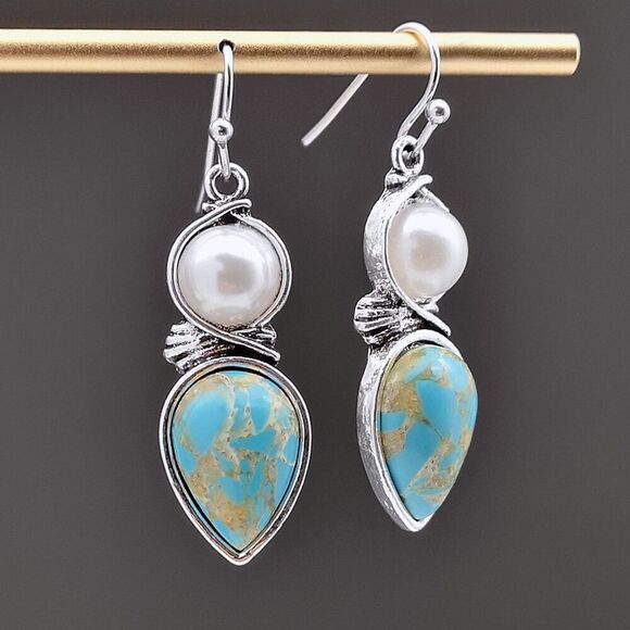 Small Dainty Faux Blue Turquoise & Faux Pearl Teardrop Dangle Earrings - Picture 1 of 8